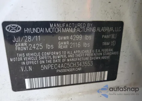 2012 Hyundai Sonata Se from USA, damaged, VIN 5NPEC4AC5CH343553
